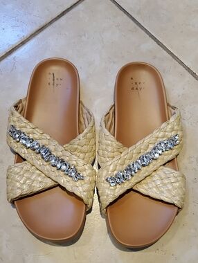 A New Day Beige Braided Weave Slide Sandals with Rhinestone Detail